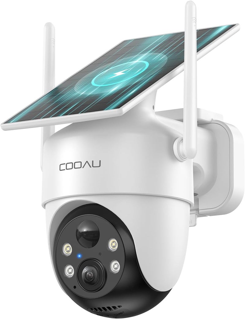 COOAU كاميرات أمان شمسية لاسلكية خارجية – قابلة لإعادة الشحن في الإضاءة المنخفضة، سهلة التركيب، كاميرات 2K بزاوية 360° لأمان المنزل، كاميرا مراقبة مع كشف ذكي بالذكاء الاصطناعي، رؤية ليلية ملونة، IP66، أليكسا - Image 1